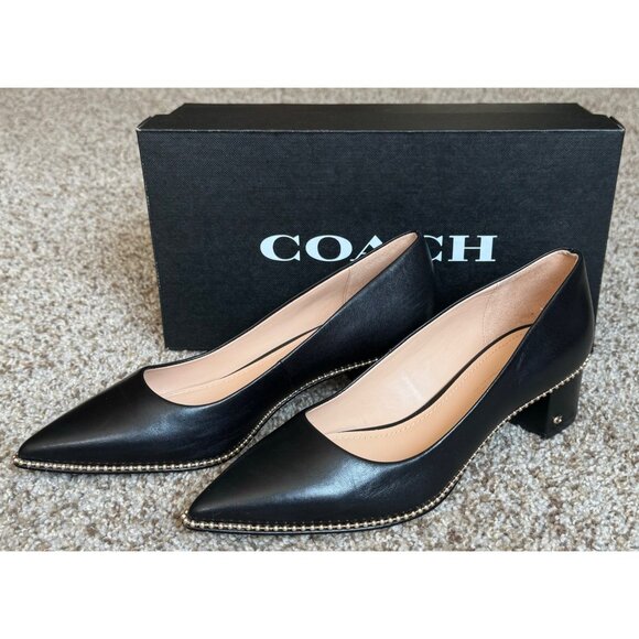 Coach Black Leather Studded Chunky Heels - Size 7 - Picture 9 of 11